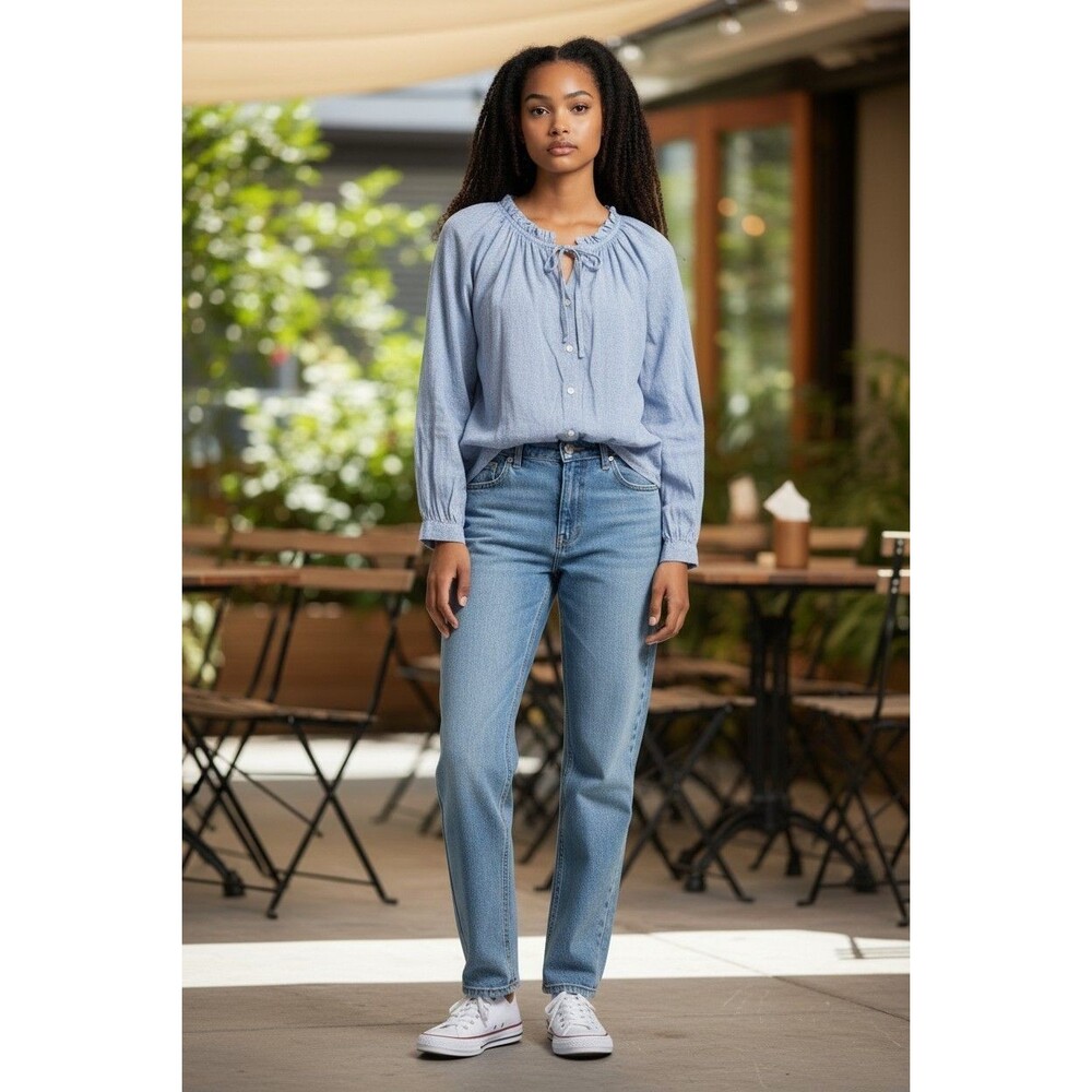 LOFT  Women M Blouson Blue Pin Dot Tie Neck Ruffle Collar Long Sleeve